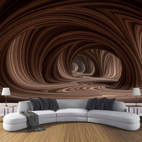 Tunnel Di Legno 3D Carta Da Parati Murale, Carta Da Parati Panoramica in Seta 3D Astratto Moderno, Marrone Scuro Poster Murale per Soggiorno Camera Da Letto Sala Da Pranzo 300x210cm