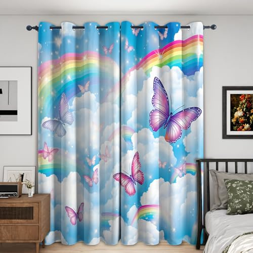 Generisch Schmetterling Regenbogen Vorhang Blickdicht 2er Set, H 175 x B 140, 95% Verdunklung, Cartoon Kinder Vorhänge für Wohnzimmer Schlafzimmer Deko, Thermo Fenster Gardinen mit Ösen FV5
