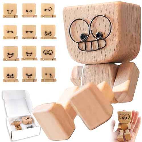 Wormeer Shaking Wooden Man Figurine, Wooden Man with Wobbly Legs - Handmade Dashboard Toy with 12 Funny Faces, Magnetic Swaying Car Ornament for Friends & Family (1PCS)