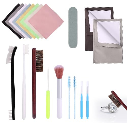 Sinbana 14pcs Jewelry Cleaning Kit, 5 Brush 1 Awl Needle 8 Polishing Cloth Cleaner Brush Tool Set for Jewelry Ring Gold Silver Quick Dusting or Deep Cleaning