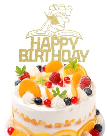 Reading Happy Birthday Cake Topper, Gold Glitter Book Club Birthday Cake Topper Cupcake Decor for Girl Women Students Book Lovers Themed Party Favors & Decoration Supplies