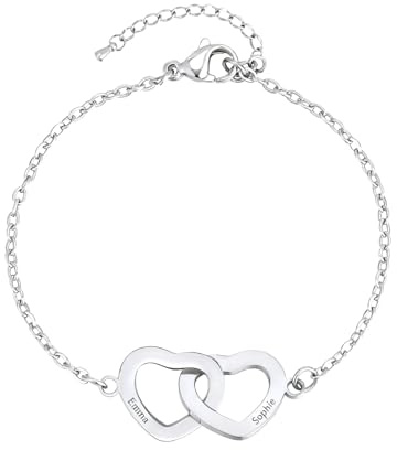 Gamtic Bracelet Personnalisé Femme Gravé Nom - Bracelet Charms Coeur Acier Inoxydable Gourmette Réglable Bijoux Cadeau Bracelet Femme Personnalisé Prénom Mère et Fille Couples Soeurs Amies
