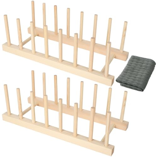 HaPwan Juego de 2 soportes de madera para platos y tapas de ollas, escurridor de platos para cocina con 7 compartimentos, organizador multifuncional para platos, tazas, tablas de cortar y tapas de