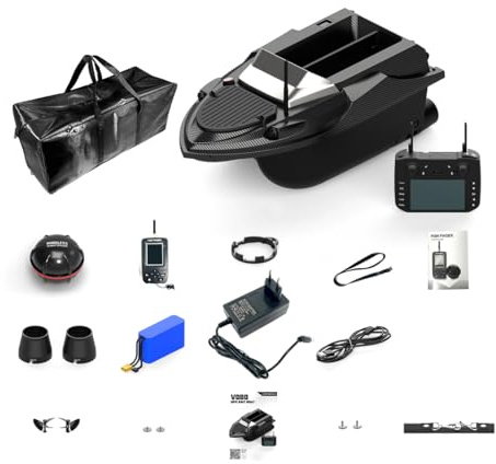 V080 12V RC GPS-Köderboot mit Fischfinder, 800M Reichweite, 9 Angelzonen & 180 Wegpunkte, 3KG Tragkraft, RC Angelköder Boot mit HD Display Fernbedienung, Dual Hopper Futterboot für Karpfenangeln
