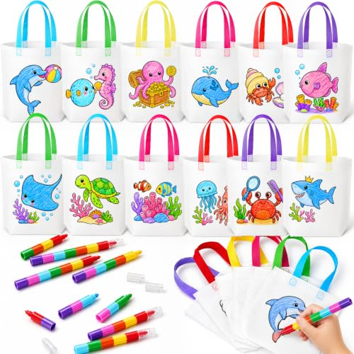 Toyssa 12pcs Bolsas para Pintar para Niños con Crayones Apilables Set Manualidades DIY Detalles de Fiesta Regalos para Cumpleaños Piñata Regalitos Cumpleaños Invitados Niños (Animales Marinos)