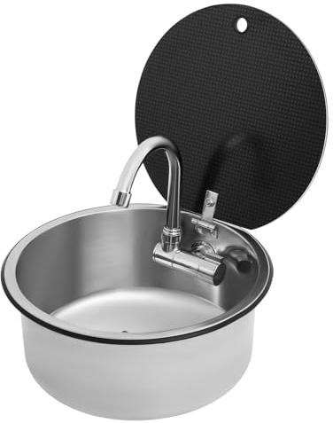 Fregadero de acero inoxidable 304 con grifo plegable y cubierta de cristal templado, 34 cm, para caravanas, yates y cocinas pequeñas, incluye mangueras de entrada y desagüe