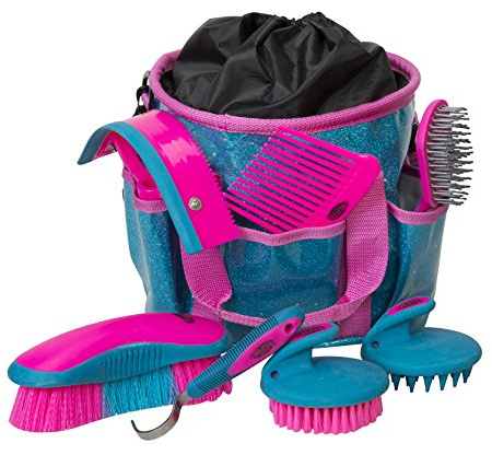 Weaver Equine Horse Grooming Kit, 7-Piece Horse Brush Set with Organizer Tote Bag, Hoof Pick, Comb, Sweat Scraper, Equine Tools for Daily Grooming, Blue Glitter