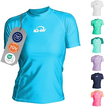 iQ-UV Shirt für Damen Kurzarm Slim-Fit – Rash Guard Schwimmshirt für Damen aus recyceltem Material – UV-Schutz Badeshirt zum Schwimmen, oder Sport – funktionales Surf-Shirt für Frauen