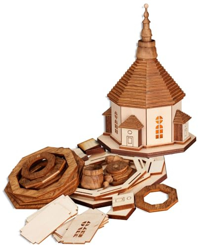 Seiffener Volkskunst | Räucherhaus Seiffener Kirche Räucherfigur | 73 teiliges Bastelset aus Holz | zum Selbstbasteln 10x10x17 cm | Original Erzgebirge | 20021 | Seiffener Kirche mit Beleuchtung