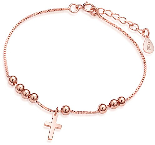 Yumilok Roségold 925 Sterling Silber Kreuz Kugeln Beads Charm-Armband Armkette Bettelarmband Armschmuck für Damen Frauen Mädchen, 6.3-7.1 Verstellbar