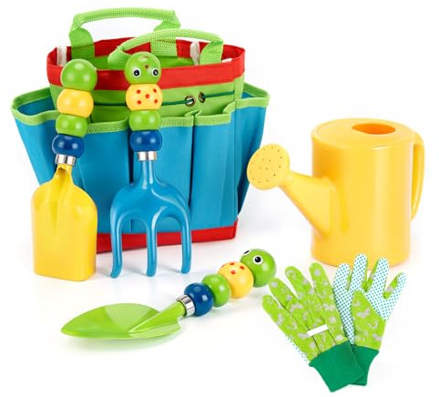 FITNATE Green Kids Garden Tools Set,6 PCS Gardening Tools for Kids Including Watering Can, Shovel, Rake, Fork, Children Gardening Gloves and Garden Tote Bag, All in One Set