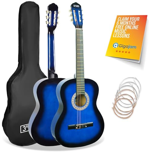 3rd Avenue Paquete Para Principiantes Con Cuerdas De Nailon Español Para Guitarra Clásica Para Niños, Tamaño 3/4, 6 Meses De Lecciones Gratis, Bolsa Y Cuerdas, Color Azul