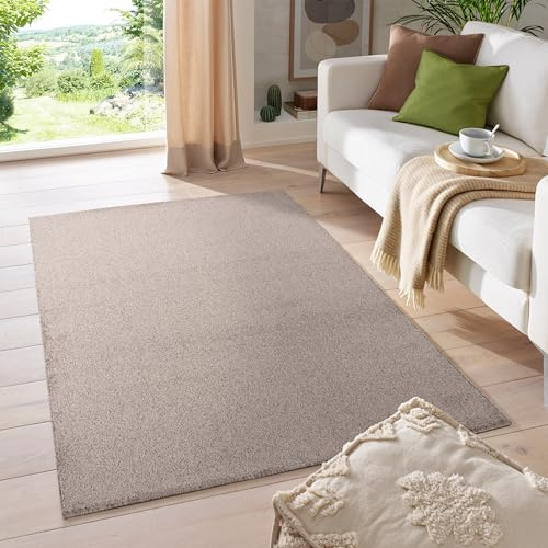 HomebyHome Teppich 280x370 cm Beige, Kurzflor, Einfarbig, Modern, Rechteckig, Pflegeleicht, rutschfest, XXL Bodenteppich für Wohnzimmer, Schlafzimmer, Essbereich