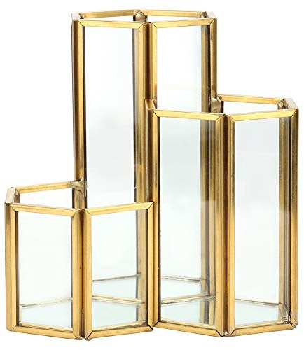 Ymiko Porte-Stylo Hexagonal Verre 12cm Base Antidérapante Dorée Rangement Bureau Salle de Bain Chambre Suitable for Fournitures et Pinceaux Maquillage