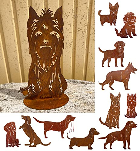 Gartenfigur Hund Terrier sitzend auf Platte 50x27cm Edelrost Gartendeko Rost Metall Rostfigur Hund Tier von Steinfigurenwelt