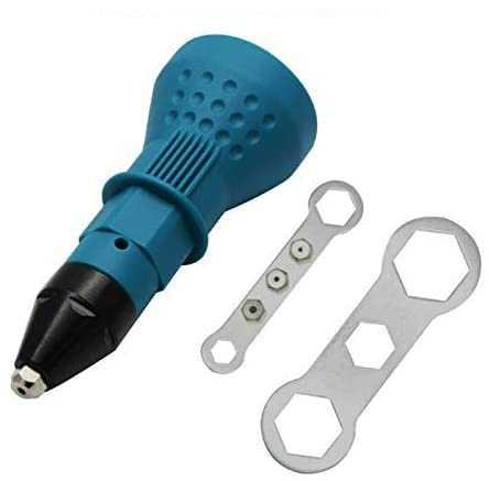 Riloer Pistola remachadora para taladro eléctrico inalámbrico - Pistola remachadora eléctrica, adaptador de taladro de herramienta remachadora inalámbrica, con 2 llaves + 4 boquillas, azul