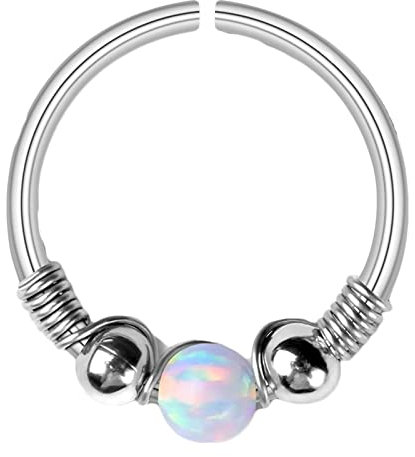 Homxi 1Pcs Nasenpiercing,0.8mm Nasenpiercing 20G Nasenring Edelstahl Rund mit Opal 0,8x10mm Lippenpiercing Ring Set Silber Weiß