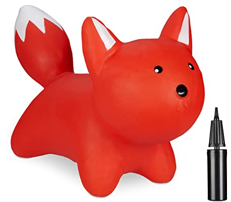 Relaxdays Hüpftier Fuchs, inklusive Luftpumpe, Hopser, bis 50 kg, BPA-frei, Hüpfspielzeug, für Kinder, Sprungtier, rot