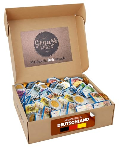 Genussleben® Box - 800g Schokoladen-Geld mit Münzen und Scheinen - Zum Teilen und Naschen an Geburtstag für Freunde und Familie
