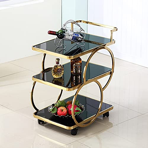Dreischichtiger Barwagen aus Edelstahl, Servierwagen mit Rädern, Metallrahmen und schwarzem Glas (vergoldetes schwarzes Glas)