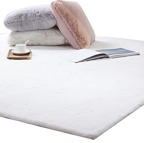ZWPILY Hochflor Teppich, Einfarbig, Flauschiger Langflor Teppich, Shaggy Flokati, Rechteckig, Pflegeleicht, Wohnzimmerteppich - Fellteppich - Modern Kunstfell Carpet für Schlafzimmer,Weiß,60x90 cm