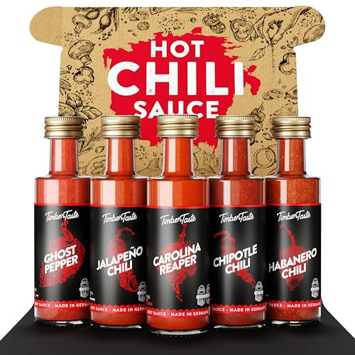 TIMBER TASTE® Scharfe Saucen Geschenkset - 5 Hot Sauce Chili Soße bis Carolina Reaper Ghost Pepper Habanero Jalapeno Chipotle | Scharfe Soßen Set Männergeschenke Feinkost - Geschenke für Männer
