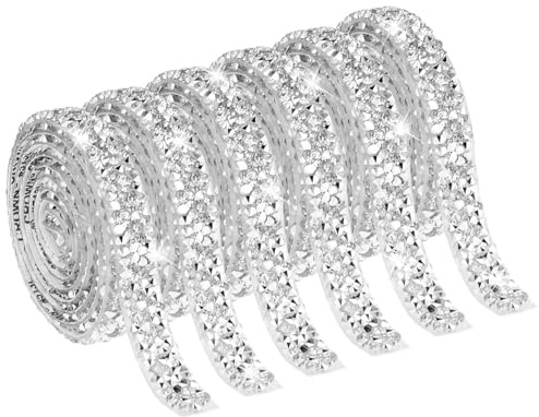 Telooco 6 Rollen Strasssteine Selbstklebend Strassband, 1 Yard, 10 mm | Silber Glitzerband, Selbstklebende Strass Kristall, Glitzer Bänder, Aufkleber, für DIY Kunsthandwerk, Spiegel Dekoration