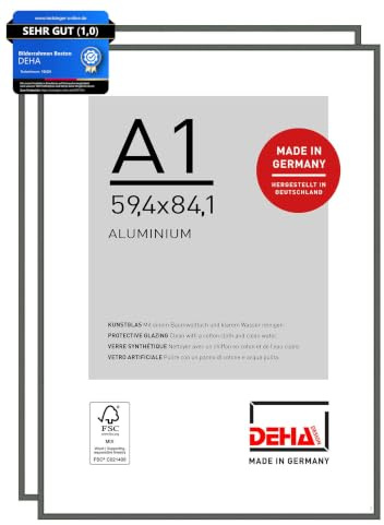DEHA Design Aluminium Bilderrahmen Boston, 59,4x84,1 cm (A1) 2er Set, Grau | Aluminium Posterrahmen im Hoch- & Querformat zum Aufhängen Grau glänzend bruchsicheres Kunstglas