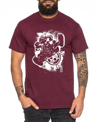 Ruffy Fly - T-Shirt Homme Chapeau de Paille Luffy Zoro One Monkey D. Pirate Ace Piece Goku Anime Ruffy, Taille:L, Couleur:Bourgogne
