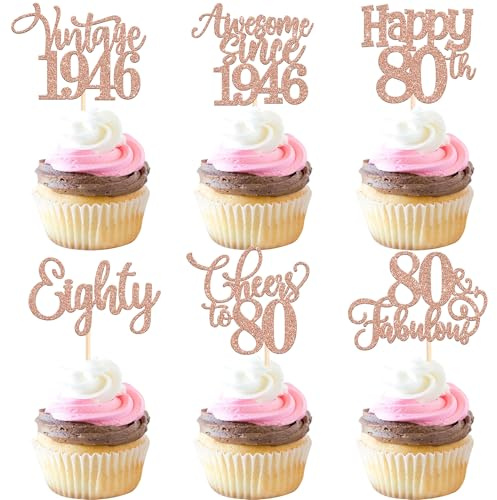 SYKYCTCY 24 Pack Vintage 1946 Cupcake Toppers Eighty Happy 80th Birthday 80 Fabulous Cupcake Picks Awesome Since 1946 Cake Decorations for 80th Birthday Anniversary Retirement Party Supplies Blue
