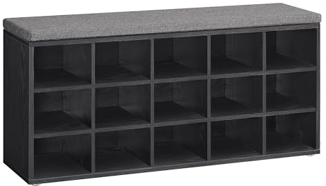 VASAGLE Banc à Chaussures, Organiseur de Chaussures avec 15 Compartiments, Siège Rembourré, pour Entrée, Couloir, Placard, Noir Boisé et Gris Ardoise LHS015B02