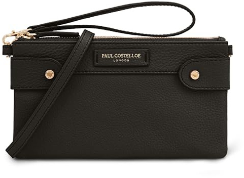 Paul Costelloe ABAO Leather Card Holder with Strap - Stylish and Compact Purse, Real Leather Accessory, Slim Design Handbag for Organization with Wrist Strap (JET BLACK)