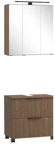 Lomadox Waschplatz Set 2-teilig, Waschbeckenunterschrank 60 cm breit mit Spiegelschrank, Eiche