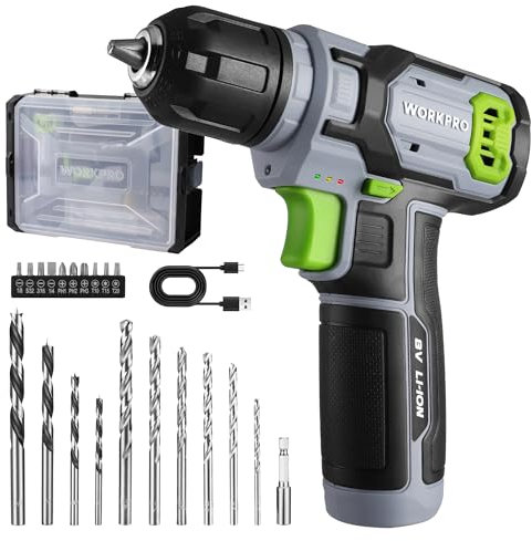 WORKPRO 8V Akku Bohrschrauber Set mit Transportkoffer, Akkuschrauber, 2000 mAh Akku Bohrmaschine, 10mm Bohrfutter, 12 N·m Drehmoment, LED-Licht, 21tlg Zubehör, Für Reparatur & DIY, Grau & Grün