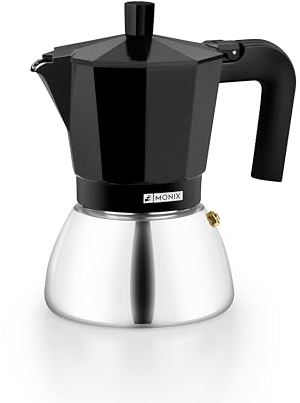 Monix Induction Inox Cafetera Italiana de Aluminio y Acero Inoxidable, 6 tazas de capacidad, Mango termoresistente, Fácil de Lavar, Apta para todo tipo de Cocinas incluida Inducción, color negro
