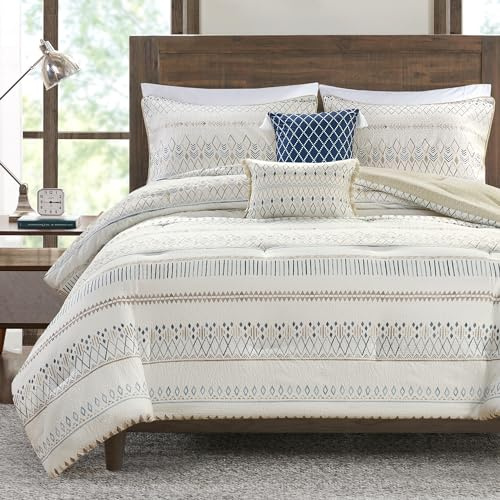 Madison Park Boho Comforter Set King Size,Seersucker Southwestern Farmhouse King Size Comforters, Diamond Printed Reverse, All Season Microfiber Fluffy Bedding Set, King/Cal King, Taupe/Blue 5 Pieces