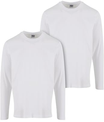 Urban Classics Långärmad herrskjorta basic långärmad 2-pack, dubbelpack basic långärmad skjorta för män, normal passform, bomull, Vit + vit, XXL