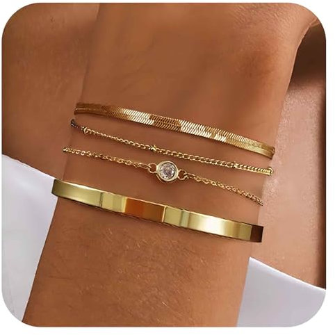 VURYAPI 4 Stück Armband Damen Gold 14 Karat Vergoldet Stapelarmbänder Edelstahl Figaro Perlen Ketten Armbänder Verstellbare Armband Set Wasserdichter Gold Schmuck für Damen