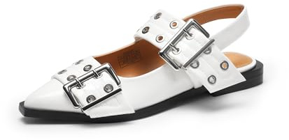 DREAM PAIRS Dam slingback balettskor, spetsig tå brett Welt spänne Fasion klänning slip-on ballerina platta skor, Vitt, 41 EU