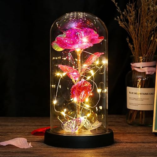 Rosa eterna sotto campana regalo donna - rosa eterna con luce LED - San Valentino rosa galassia luminosa per lei, festa della mamma, Natale e compleanno (rosa)
