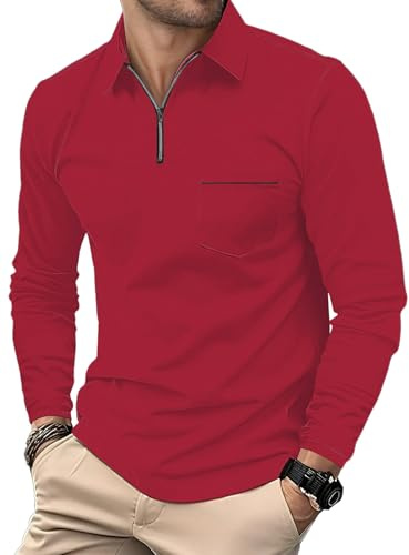 HMIYA Herren Poloshirt-Langarm Poloshirt aus Baumwolle Atmungsaktiv Casual T-Shirt mit Tasche,Rot,XXL