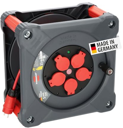 Brennenstuhl Professional Baustellen-Kabeltrommel KA 3110 5 IP44, 33m | H07BQ-F 3G1,5 Kabel in rot, Baustelleneinsatz und ständiger Einsatz im Freien, 5 Schutzkontakt-Steckdosen, Made in Germany