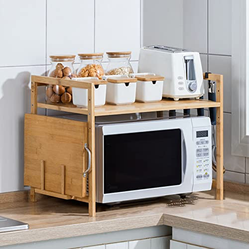 HUOLE Étagère en Bambou 2 Niveaux - Support pour Micro-ondes avec 4 Haches et Planche à Découper - Rangement Multifonction en Bois pour Cuisine-Porte-épices