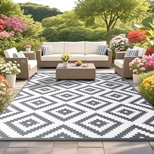 Habaylin Outdoor Rug for Patios Waterproof, Reversible Large Garden Rug, Foldable Outdoor Carpet Mat, Lightweight Plastic Area Patio Rugs for Decking RV Backyard Balcony Camping 150x240 cm
