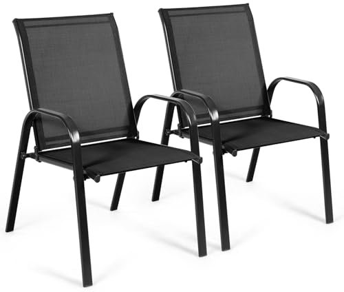 Outdoor-Terrassenstühle mit Stahlrahmen, hohe Rückenlehne, mit Armlehnen, für Terrasse, Balkon, Hof und Strand, tragbare Esszimmerstühle für Camping, Schwarz, 2 Stück