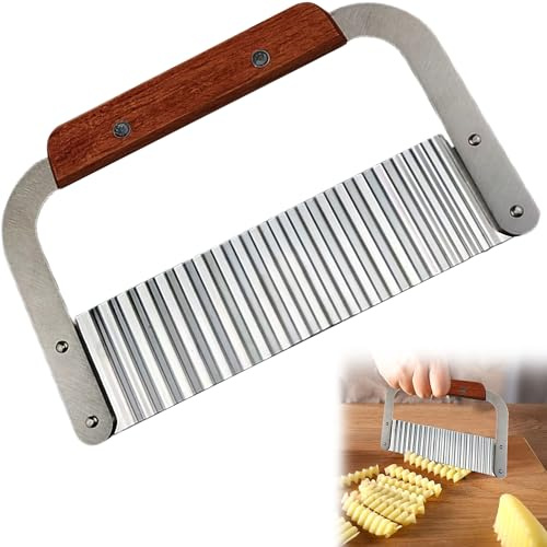NSNKXBG 1PCS Silver Crinkle Knife Stainless Steel Crinkle Cutter Wooden Handle Potato Chip Cutter Vegetable Crinkle Chip Cutter for Potato Carrot Cooking Hand Tool Crinkle Cutter (18 CM * 12 CM)