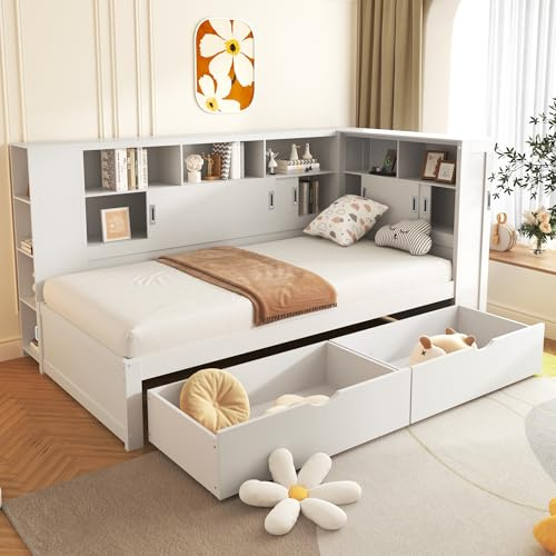 Jtyca Platform Bed with Trundle, Bookcase & USB - Single Storage with Drawers, Multifunctional Murphy with Dust-Proof Cabinet and Shelves, 3FT-190 x 90 cm, White