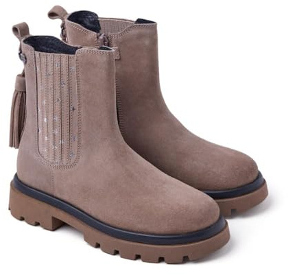 GIOSEPPO, Modelo SARTELL,Botas tipo chelsea de piel serraje con estrellas metalizadas y adorno de borlas. Suela tipo track 3cm. Plantilla acolchada, elástico en el lateral y cierre cremallera.