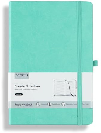 POPRUN A5 Lined Journal Notebook, PU Leather Hardback Notepad for Writing, Business Work, Travel, Office, School, 14 x 21cm, 240 Pages Classic College Ruled Journals Notes Pad, Light Green