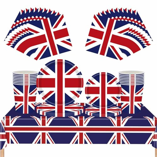 69Pcs Union Jack Party Tableware Set,2026 World Cup Table Decorations UK Flag Paper Plates,Napkins, Cups, and Table Cloth,Great Britain Dinnerware for Union Jack Royal Party